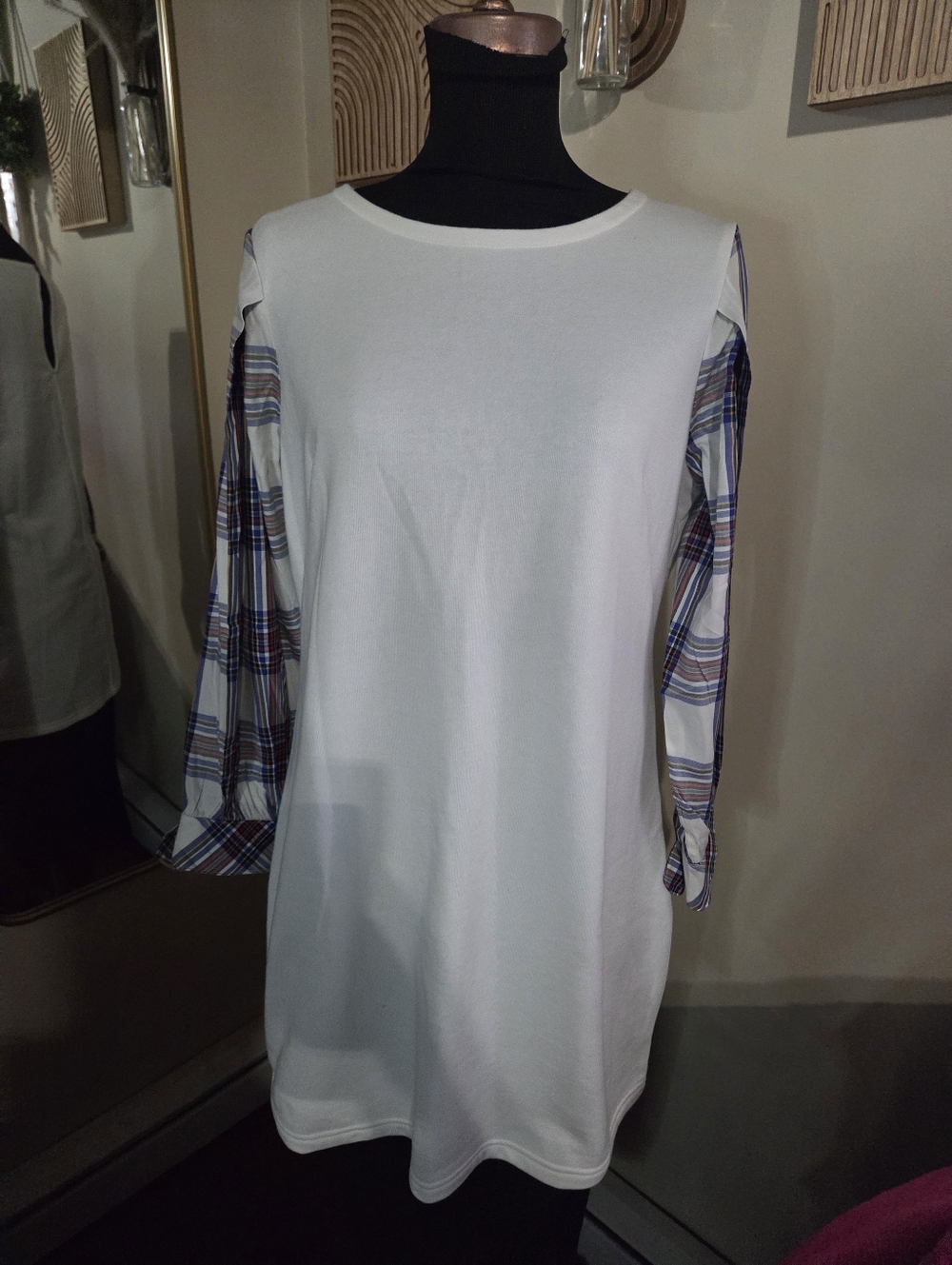 White Tunic Dress with Plaid Sleeve Detail  Lg